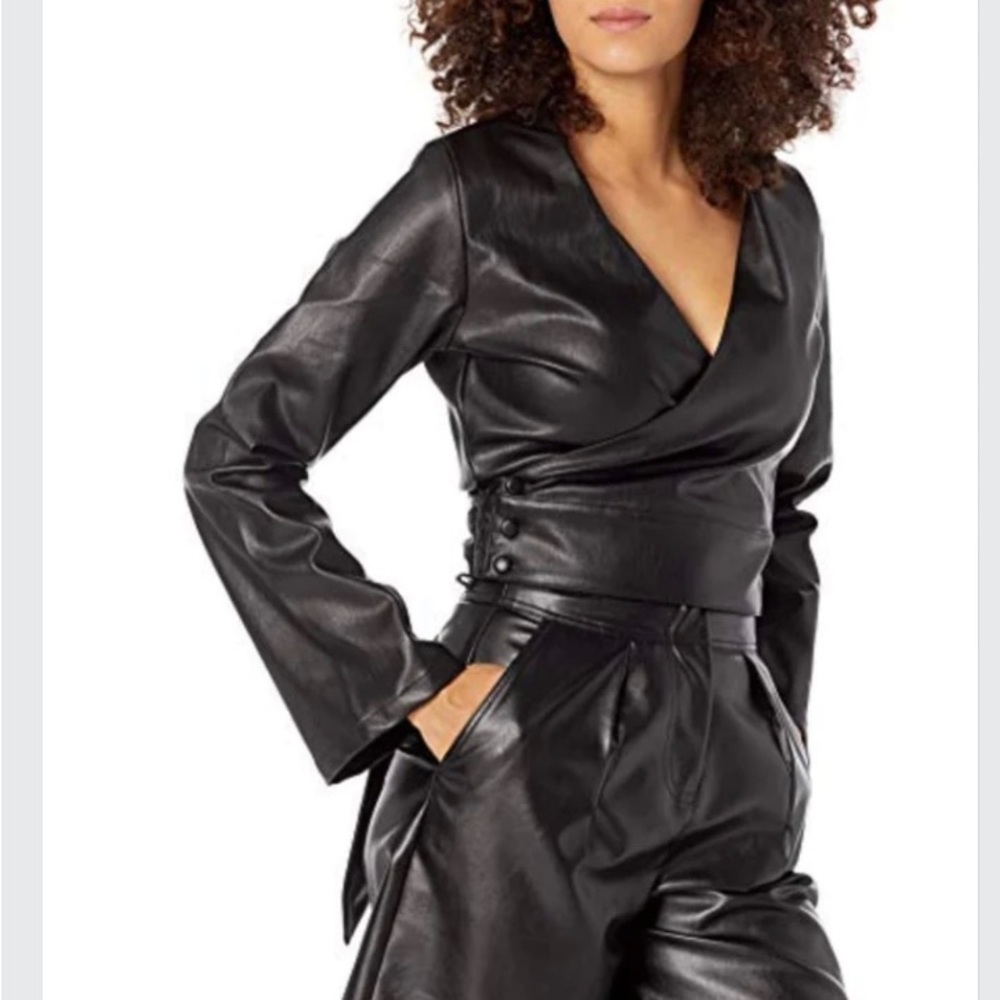 Kendal+Kylie Vegan Leather Wrap Tie Crop Shirt. Womens Black size XS…